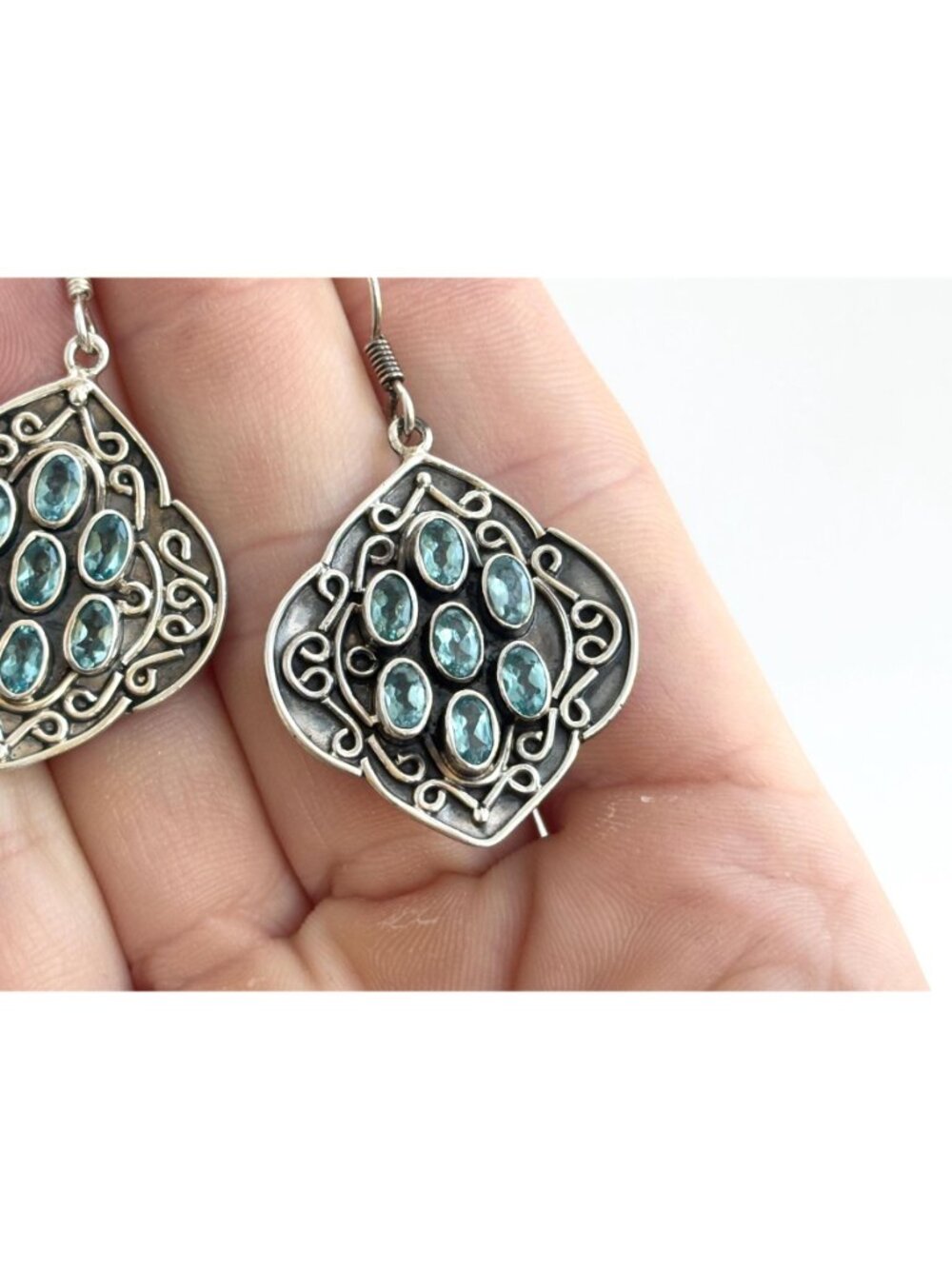Blue Topaz Gemstone Oval Balinese Inspired Sterling Silver Vintage 925 Earrings - Picture 11 of 14